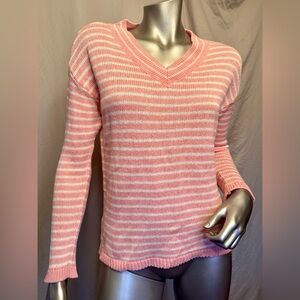 Talbots Linen & Cotton Blend V-Neck Pink & White Stripped Long Sleeve Sweater